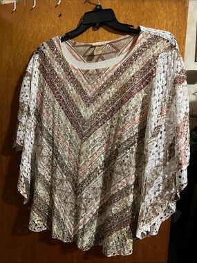 Brittany Black Boho V-Neck Tunic in Cream, Brown and Pink